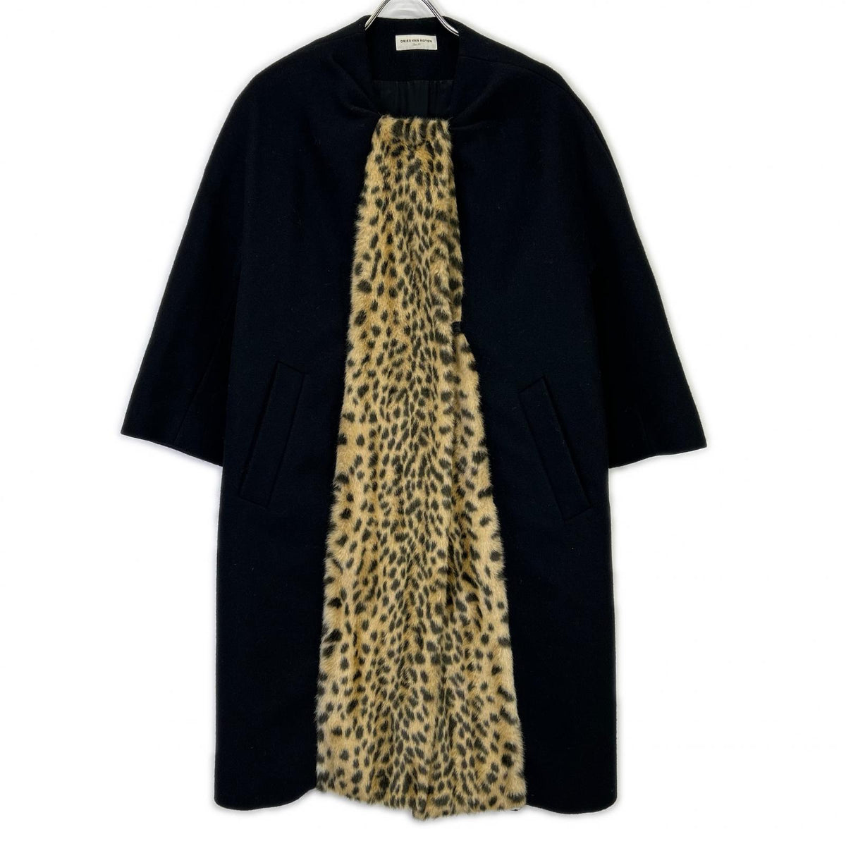 DRIES VAN NOTEN Dries Van Noten Black wool-blend leopard-fur-lined collarless long coat Coat