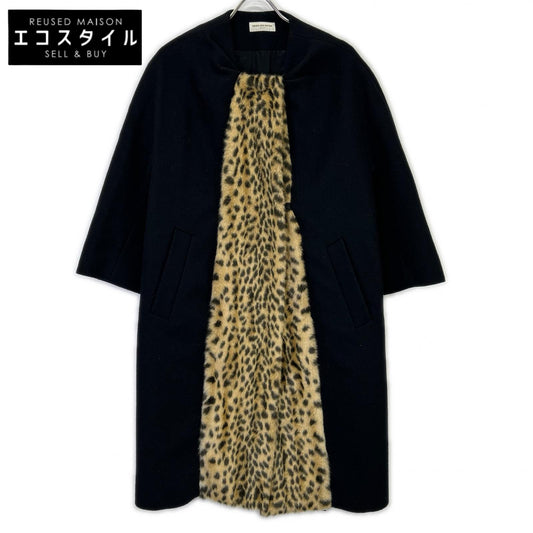 DRIES VAN NOTEN ドリスヴァンノッテン ブラック ウール混 レオパードファーライニング ノーカラーロングコート コート