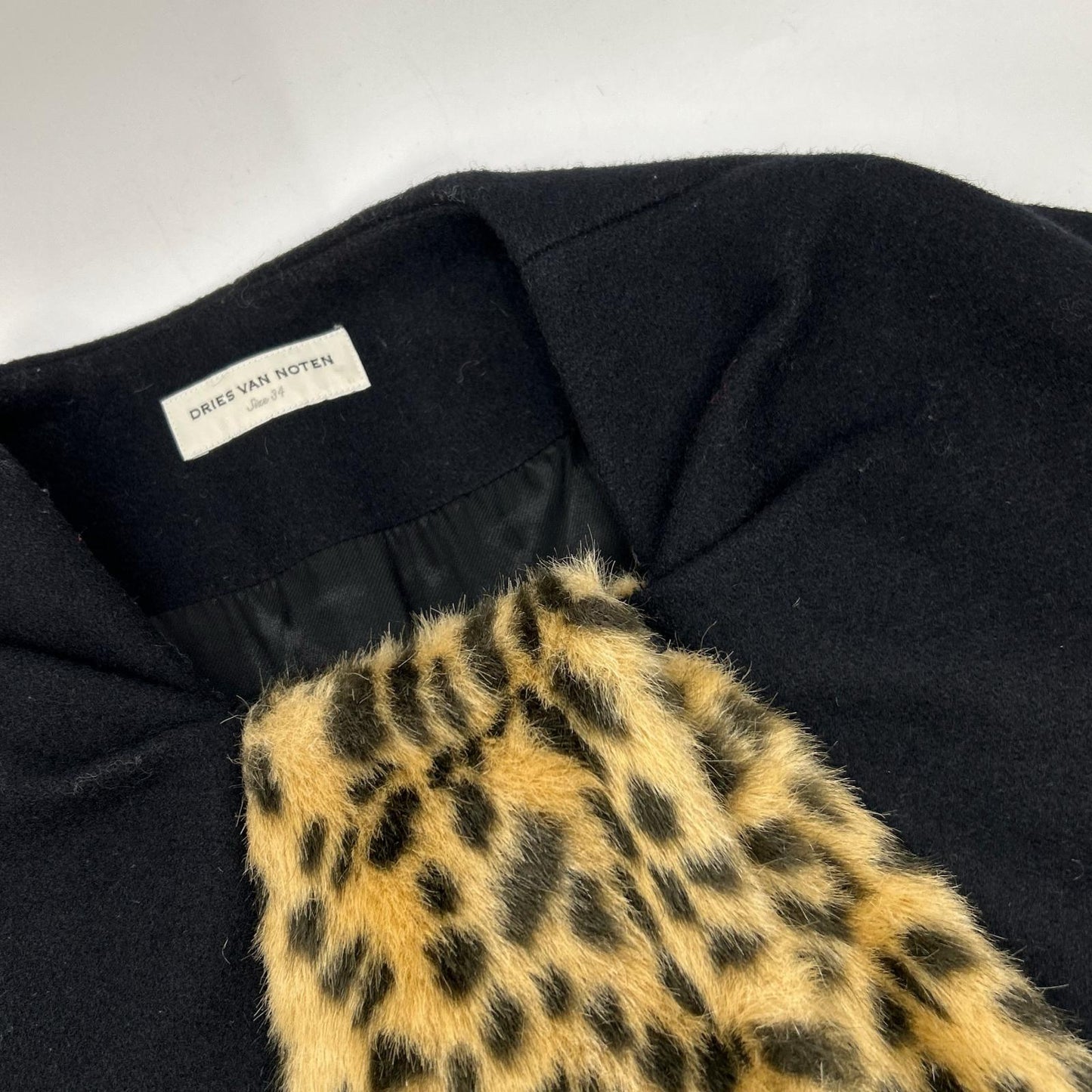 DRIES VAN NOTEN Black Wool Blend Leopard Fur Lining Collarless Long Coat