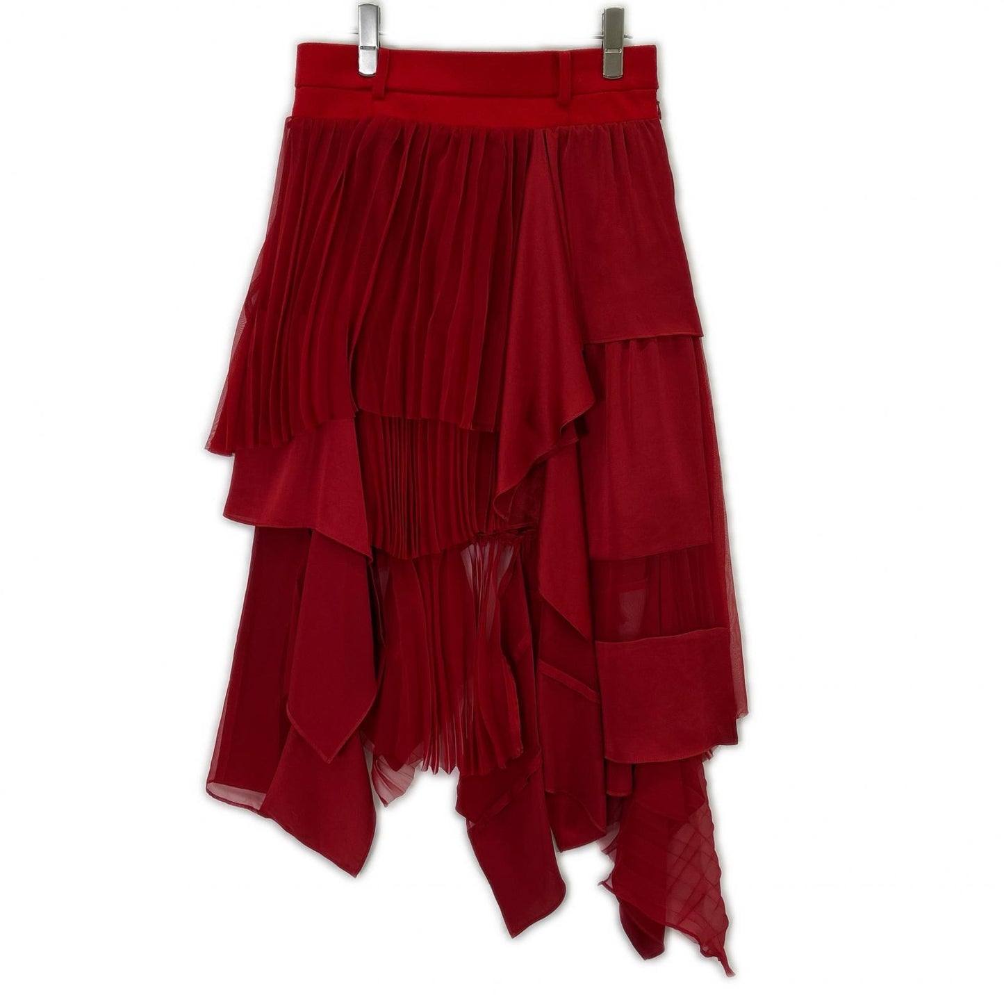 sacai 22-06384 Red Satin x Pleated Chiffon Mix Asymmetrical Skirt/Suiting Mix Skirt