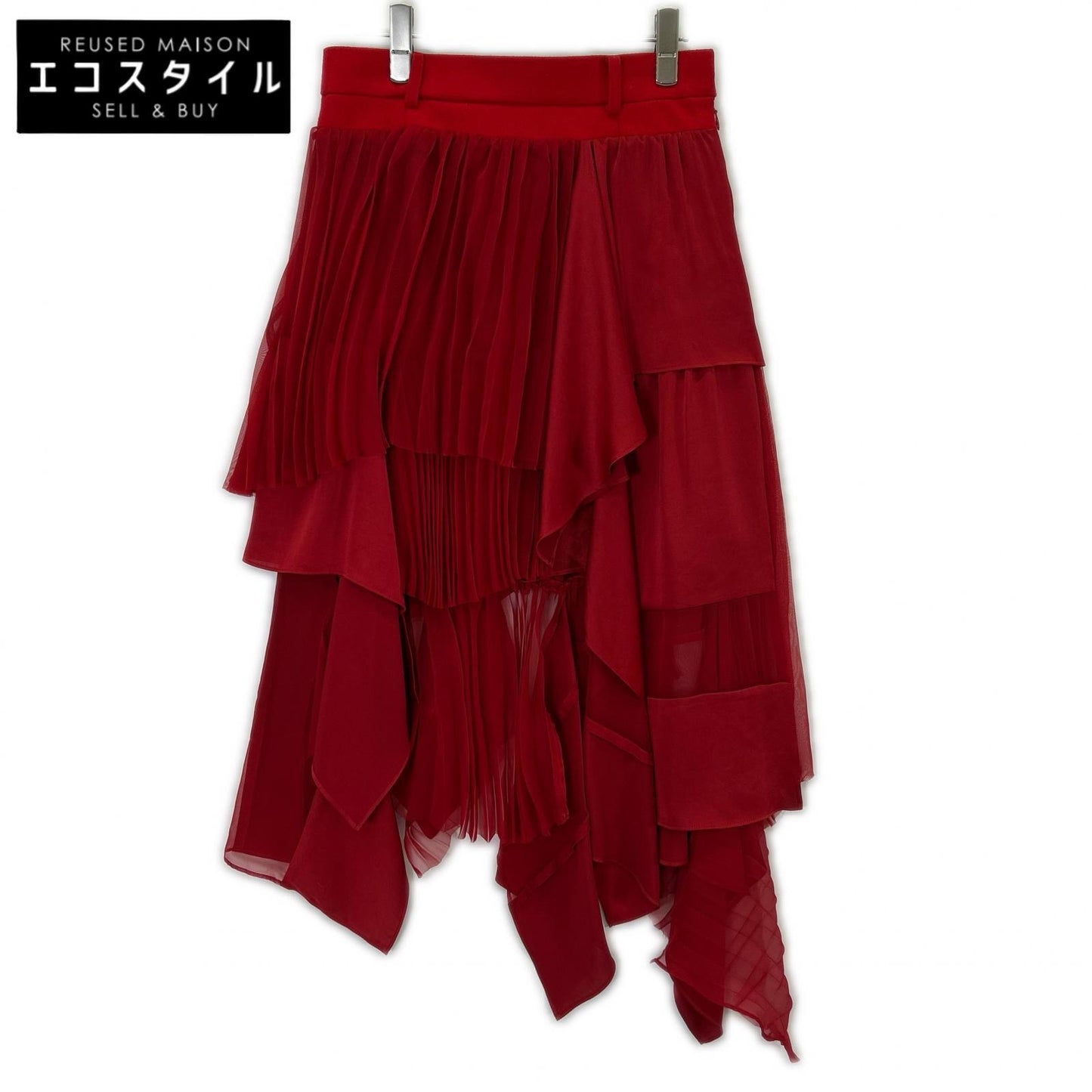 sacai 22-06384 Red Satin x Pleated Chiffon Mix Asymmetrical Skirt/Suiting Mix Skirt
