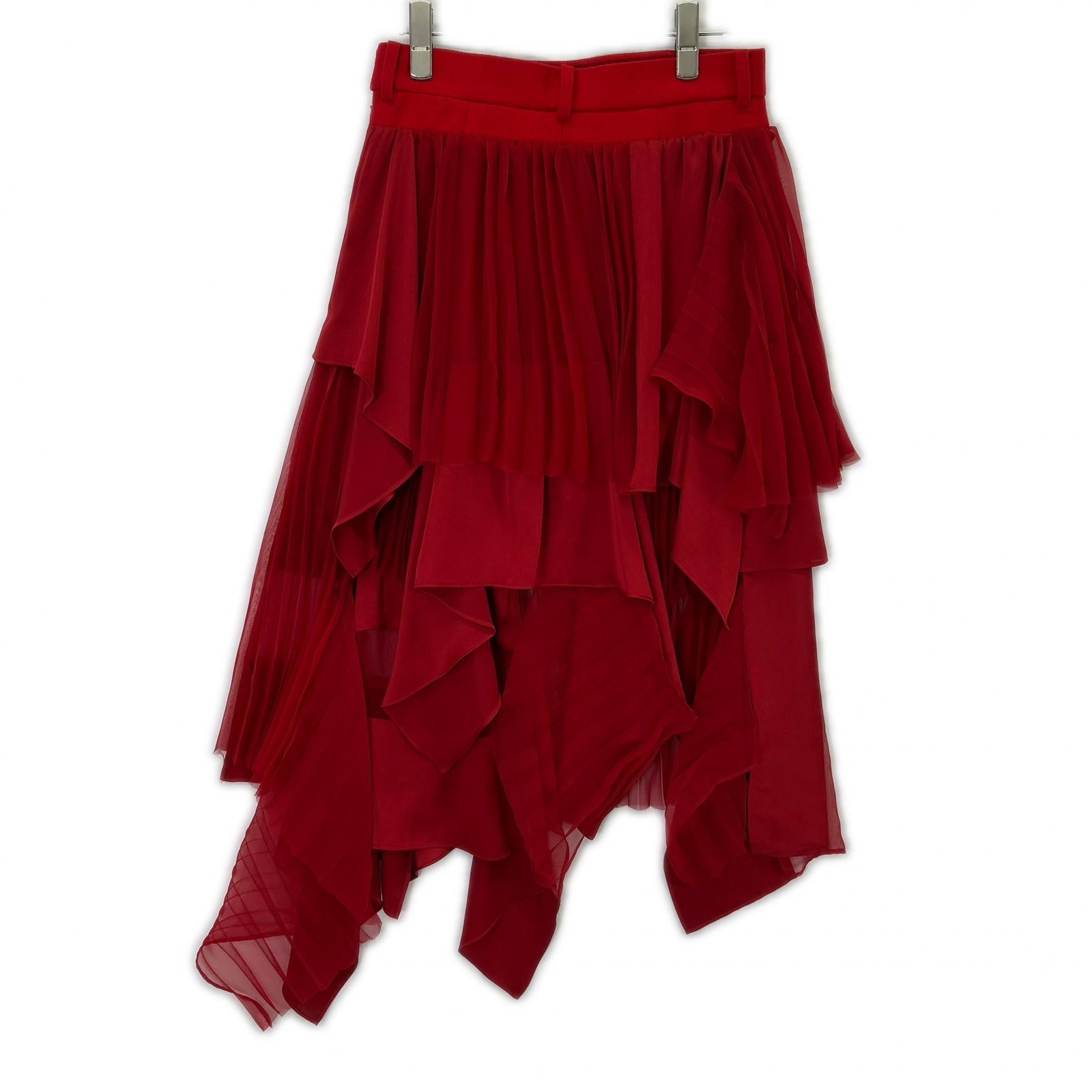 sacai 22-06384 Red Satin x Pleated Chiffon Mix Asymmetrical Skirt/Suiting Mix Skirt
