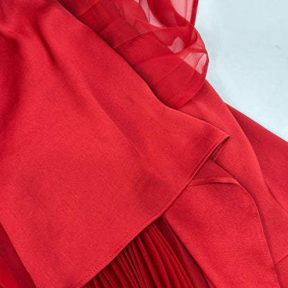 sacai 22-06384 Red Satin x Pleated Chiffon Mix Asymmetrical Skirt/Suiting Mix Skirt