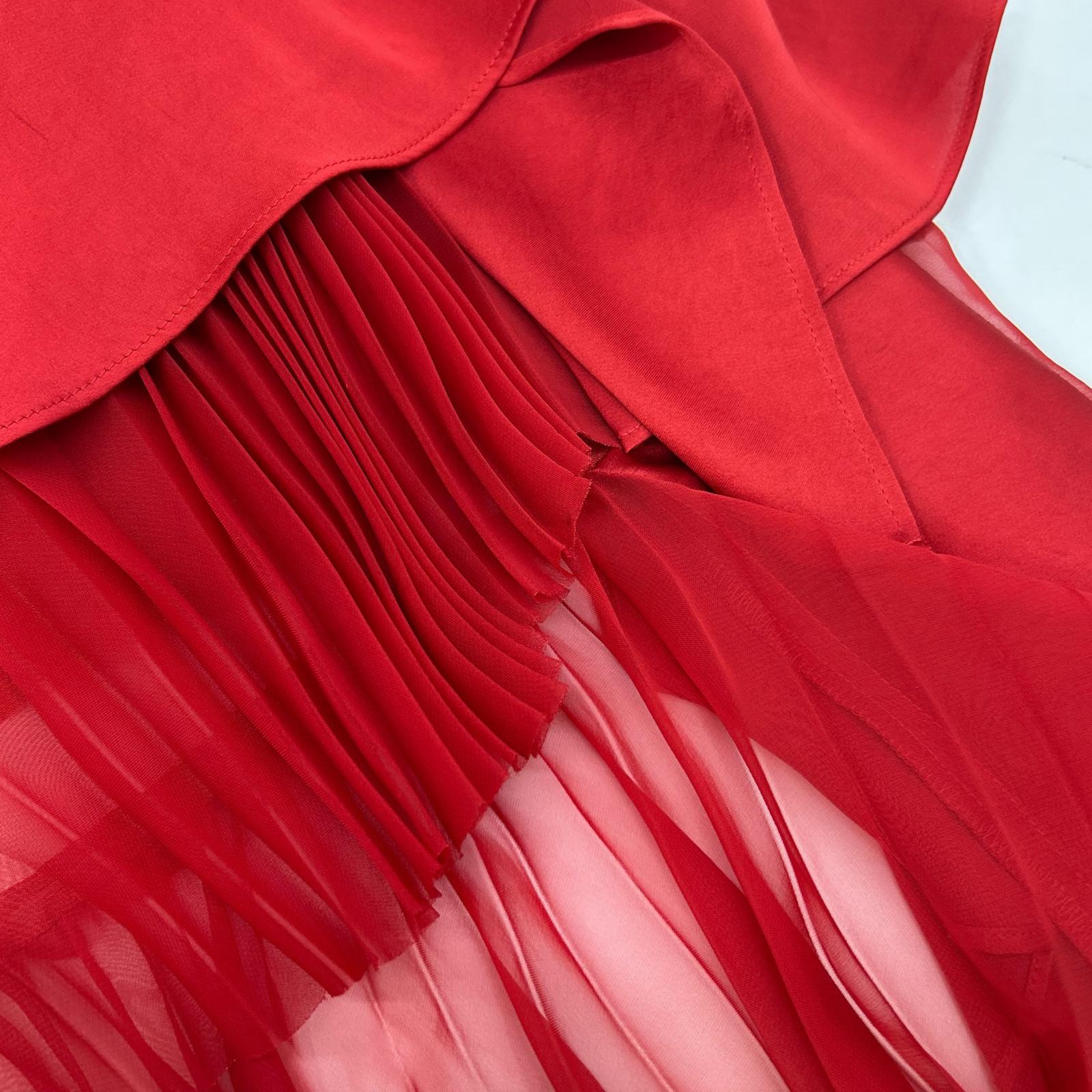 sacai 22-06384 Red Satin x Pleated Chiffon Mix Asymmetrical Skirt/Suiting Mix Skirt