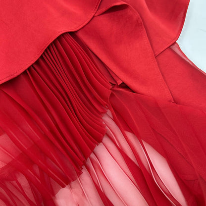sacai 22-06384 Red Satin x Pleated Chiffon Mix Asymmetrical Skirt/Suiting Mix Skirt