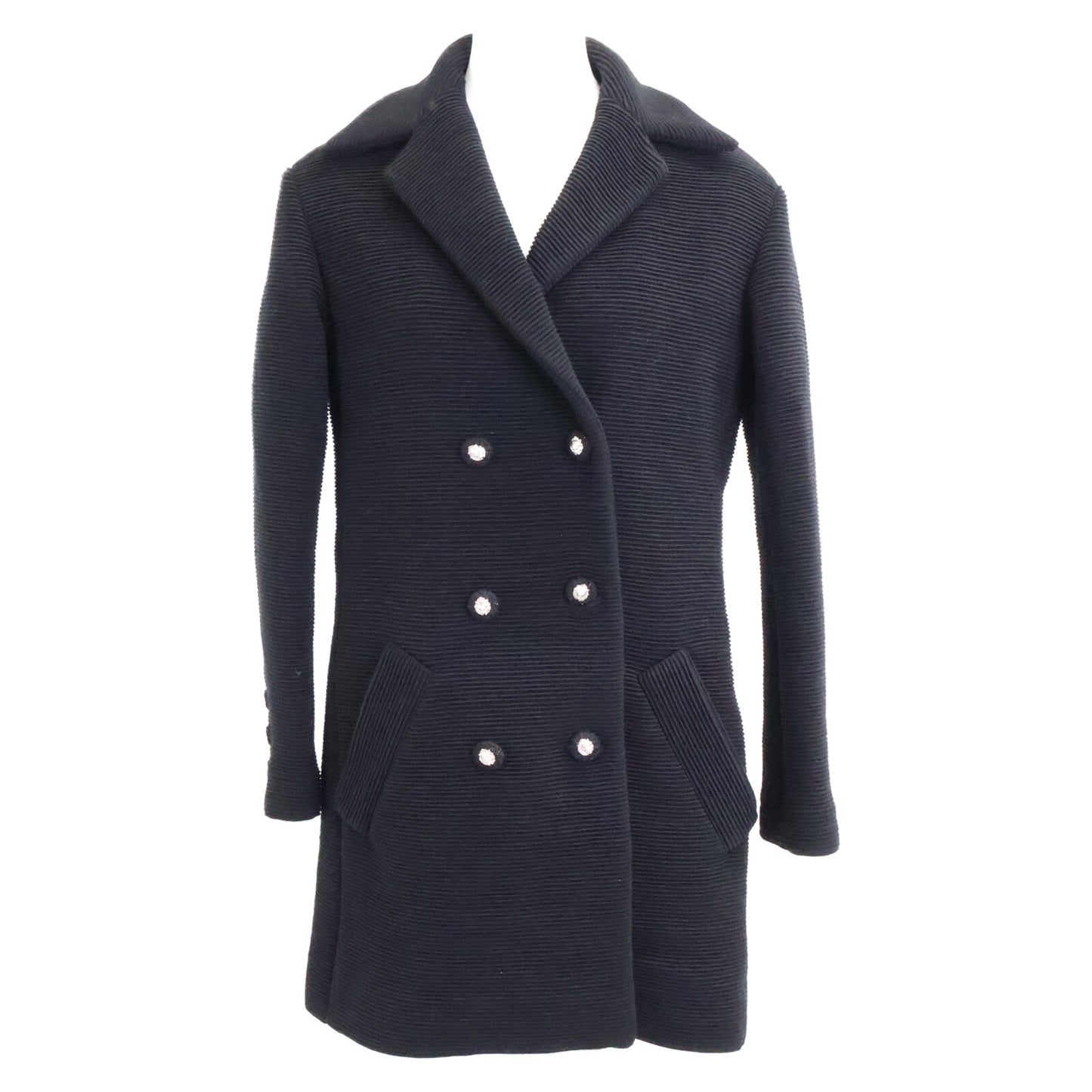 CHANEL Beautiful Domestic Authentic 24-25AW P78175V69999 Wool x Silk Lining Lion Button Double Breasted Rib Jersey Long Jacket Jacket 34 Women's