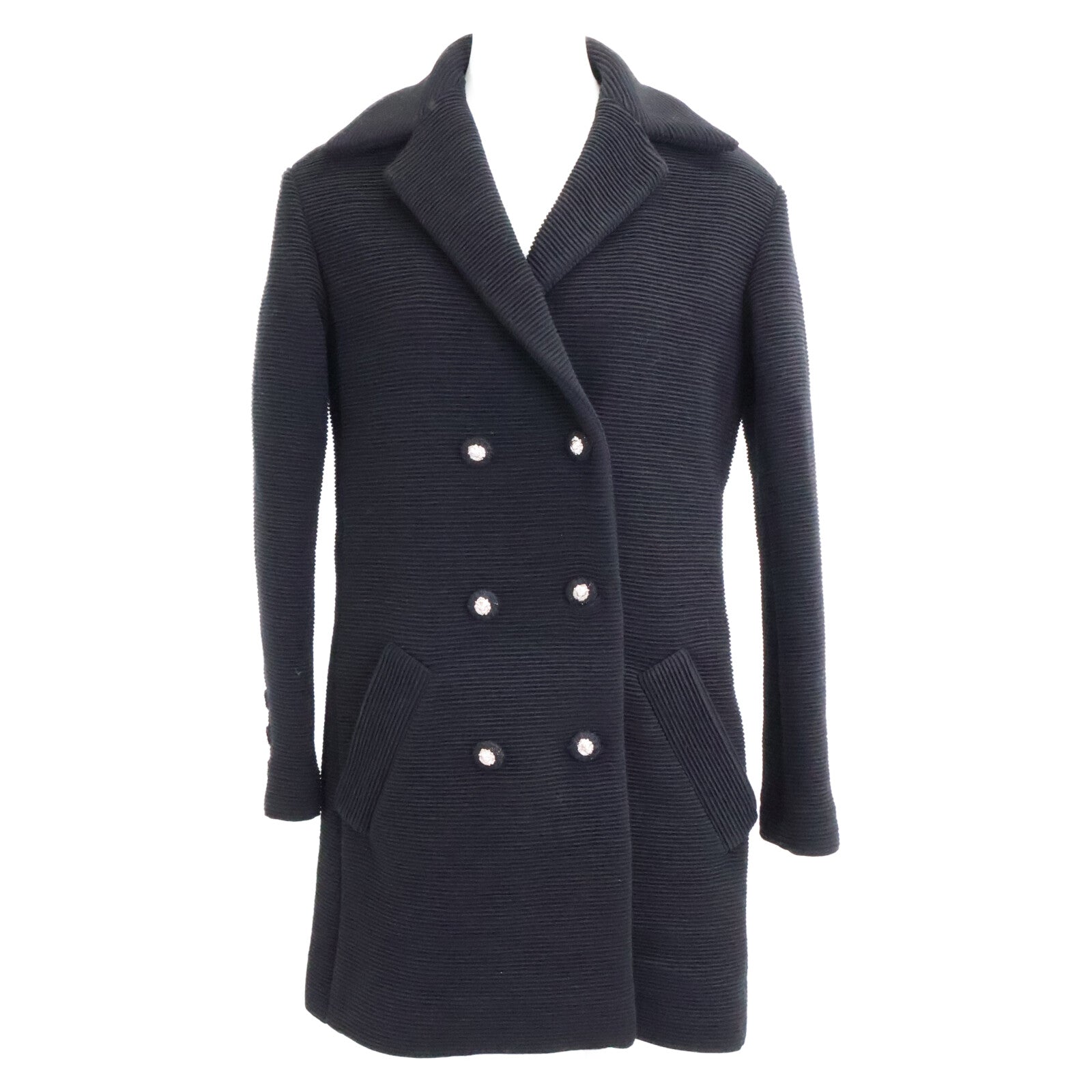 CHANEL Beautiful Domestic Authentic 24-25AW P78175V69999 Wool x Silk Lining Lion Button Double Breasted Rib Jersey Long Jacket Jacket 34 Women's
