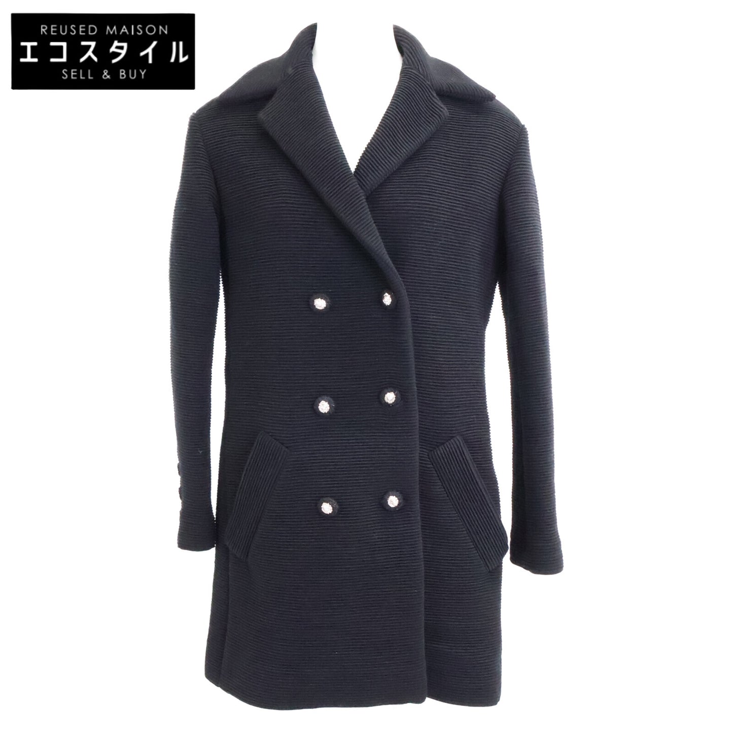 CHANEL Beautiful Domestic Authentic 24-25AW P78175V69999 Wool x Silk Lining Lion Button Double Breasted Rib Jersey Long Jacket Jacket 34 Women's