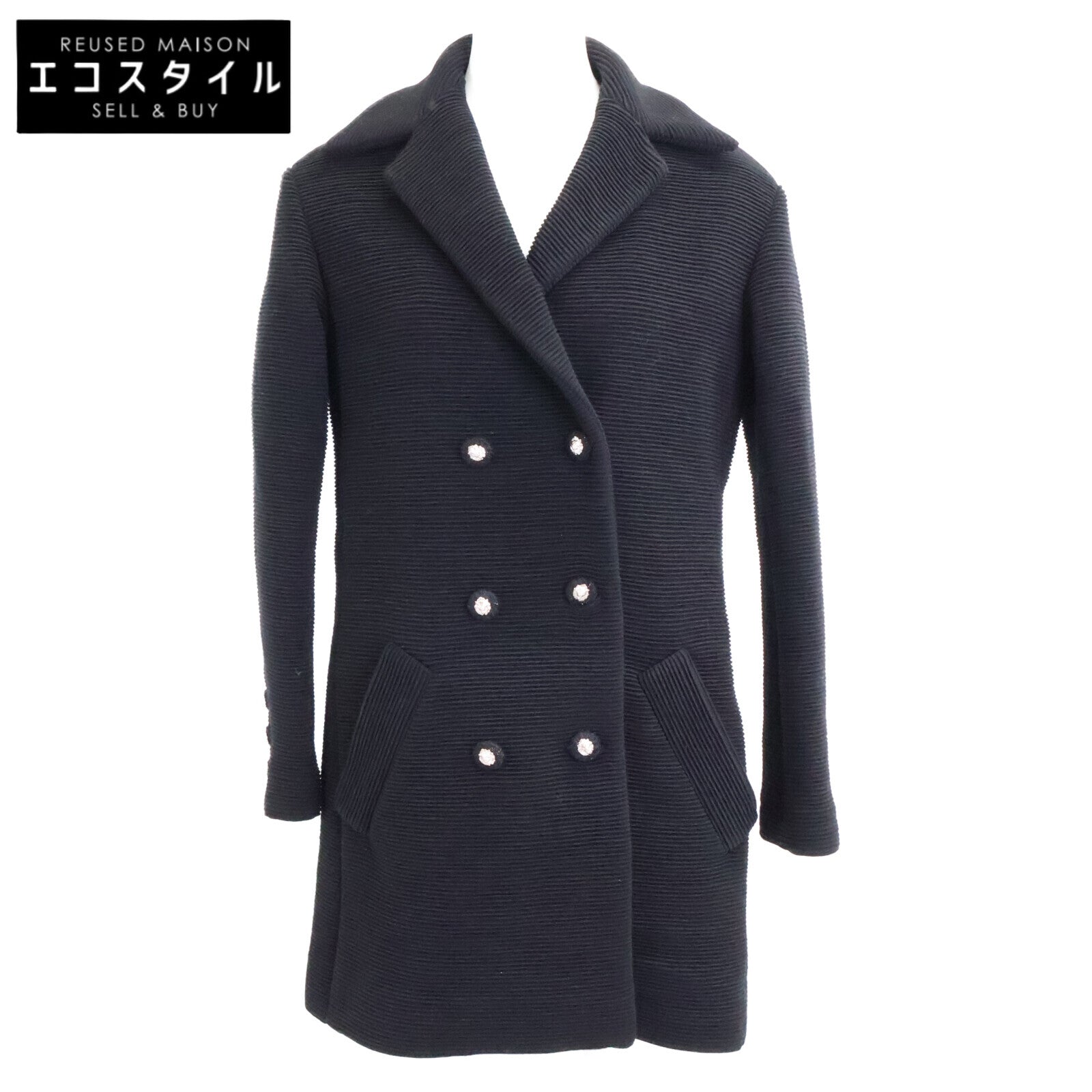 CHANEL Beautiful Domestic Authentic 24-25AW P78175V69999 Wool x Silk Lining Lion Button Double Breasted Rib Jersey Long Jacket Jacket 34 Women's