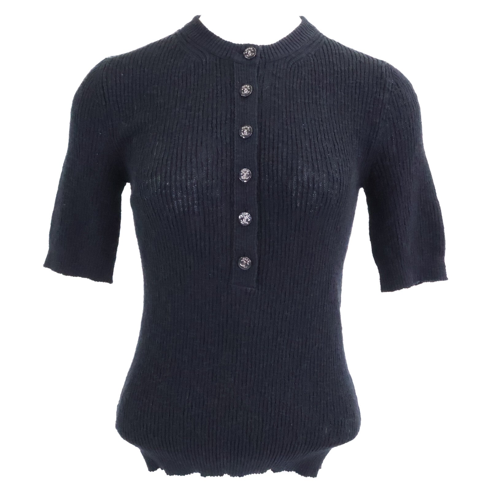 CHANEL シャネル 新品同様 国内正規 25SS P78616K11464 ココビーチ ココボタン ショートスリーブコットンニット トップス