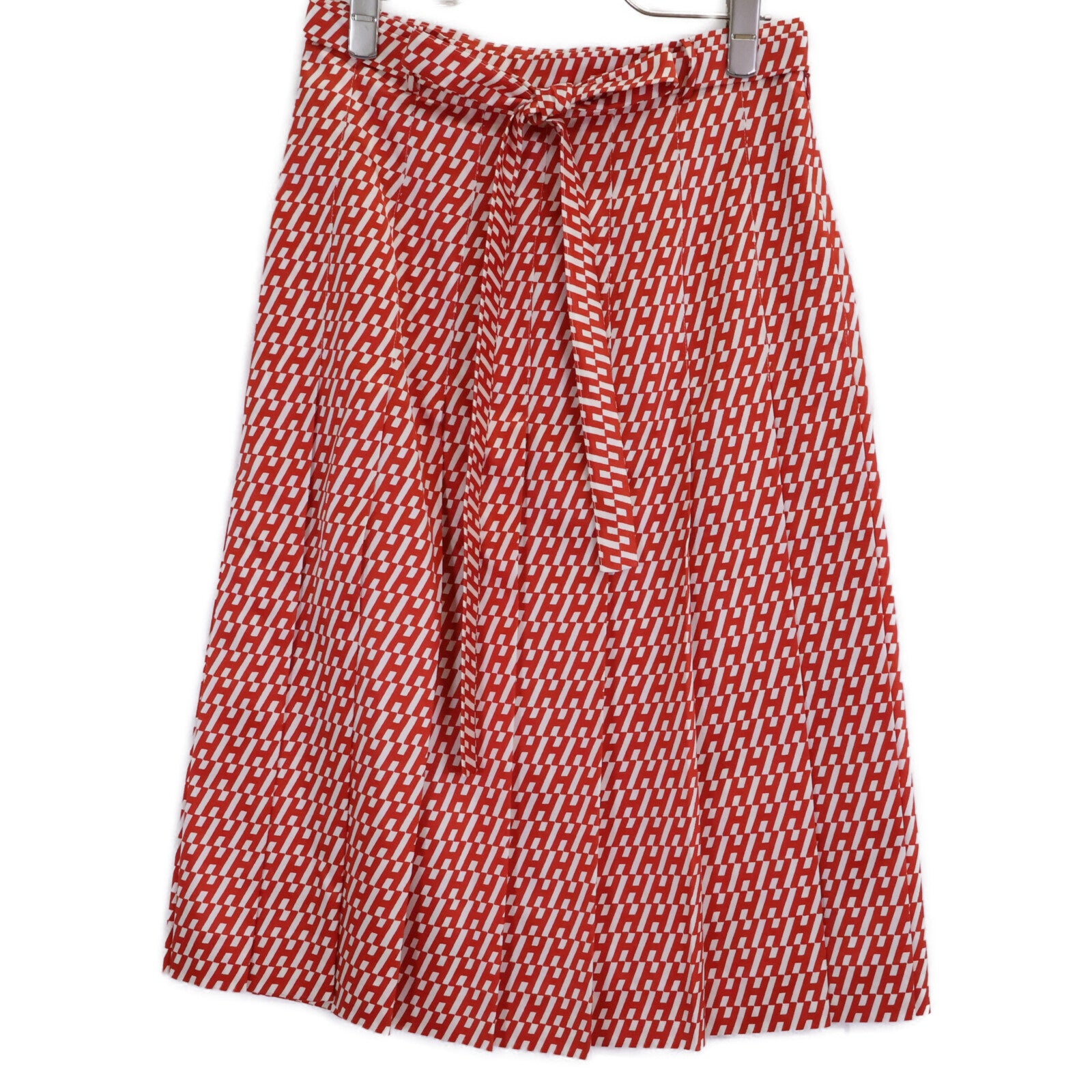 HERMES Hermès Like New Domestic Regular RE EDITION1973 5H0399DQ Wool Silk H-Pattern Belted Tuck Flare Skirt
