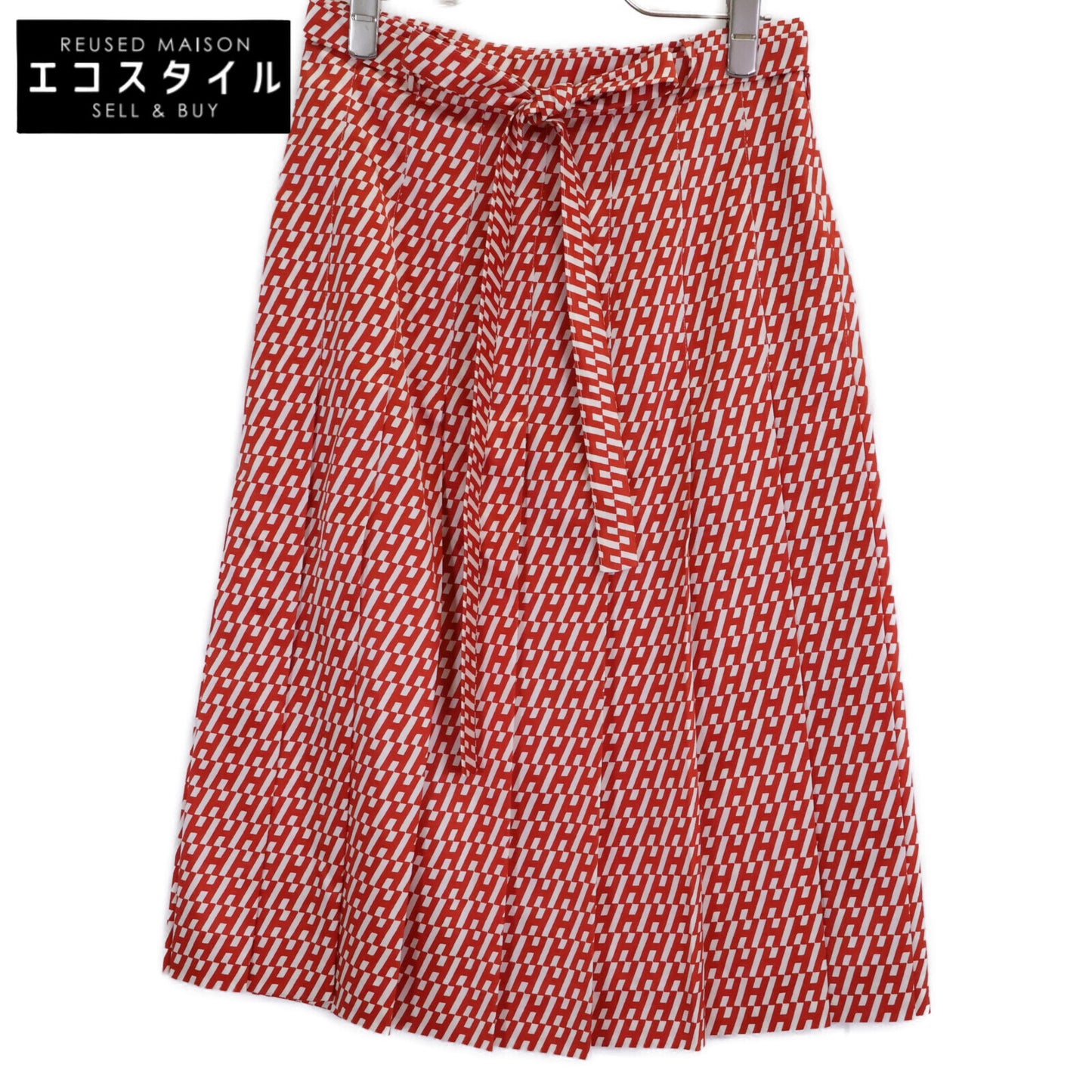 HERMES Hermès Like New Domestic Regular RE EDITION1973 5H0399DQ Wool Silk H-Pattern Belted Tuck Flare Skirt