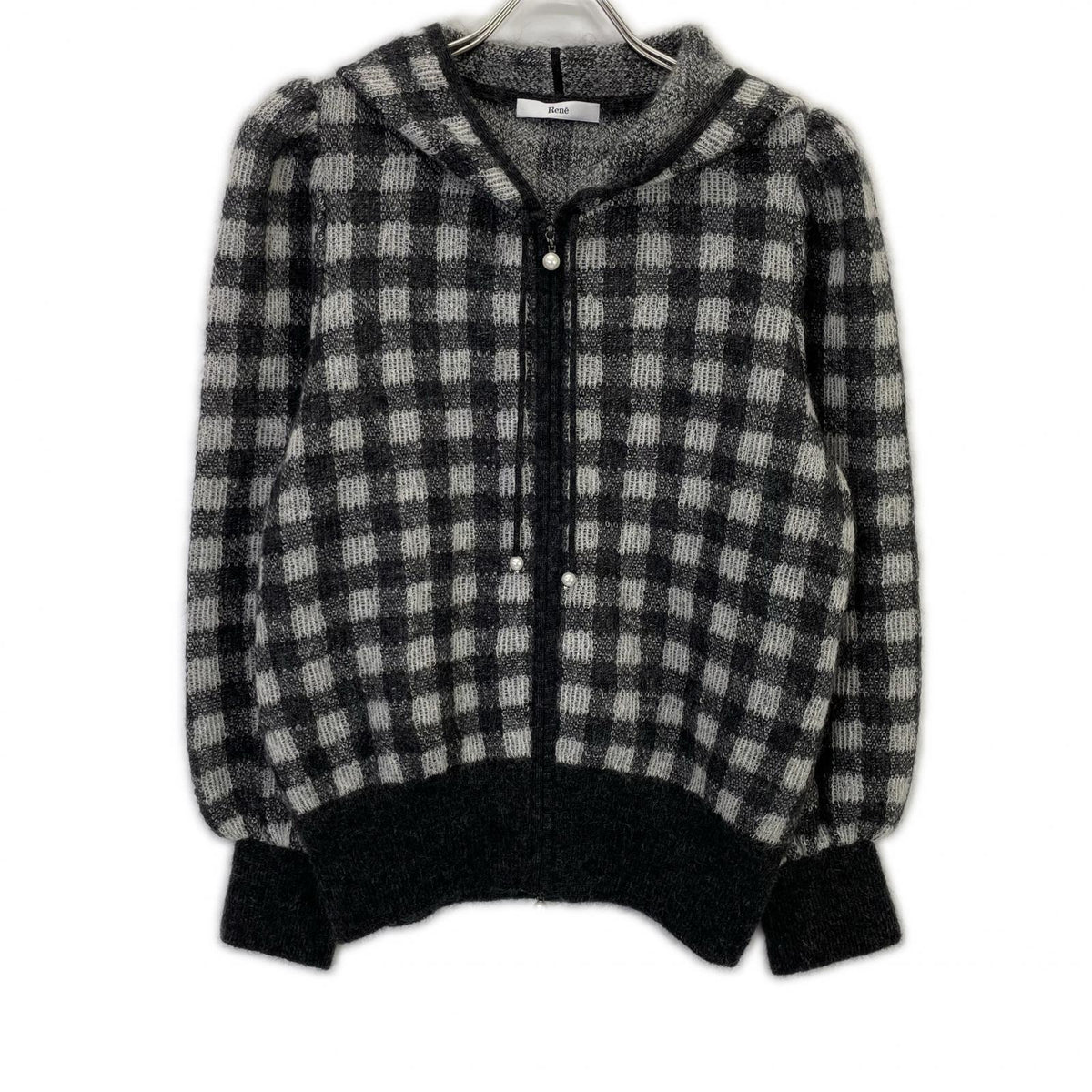 Rene 6342110 Gray Kid Mohair x Nylon x Wool Check Pearl Zip Knit Hoodie Top