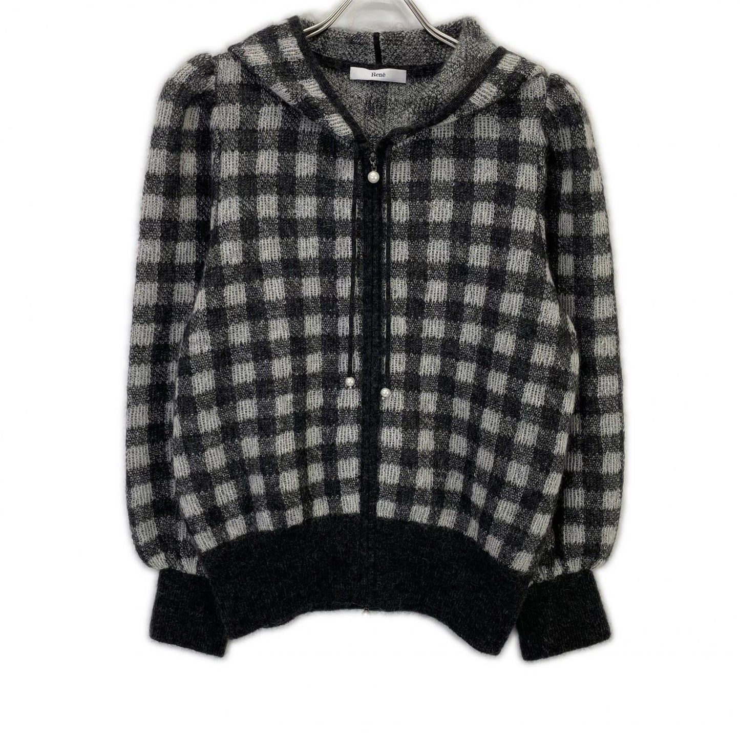 Rene 6342110 Gray Kid Mohair x Nylon x Wool Check Pearl Zip Knit Hoodie Top