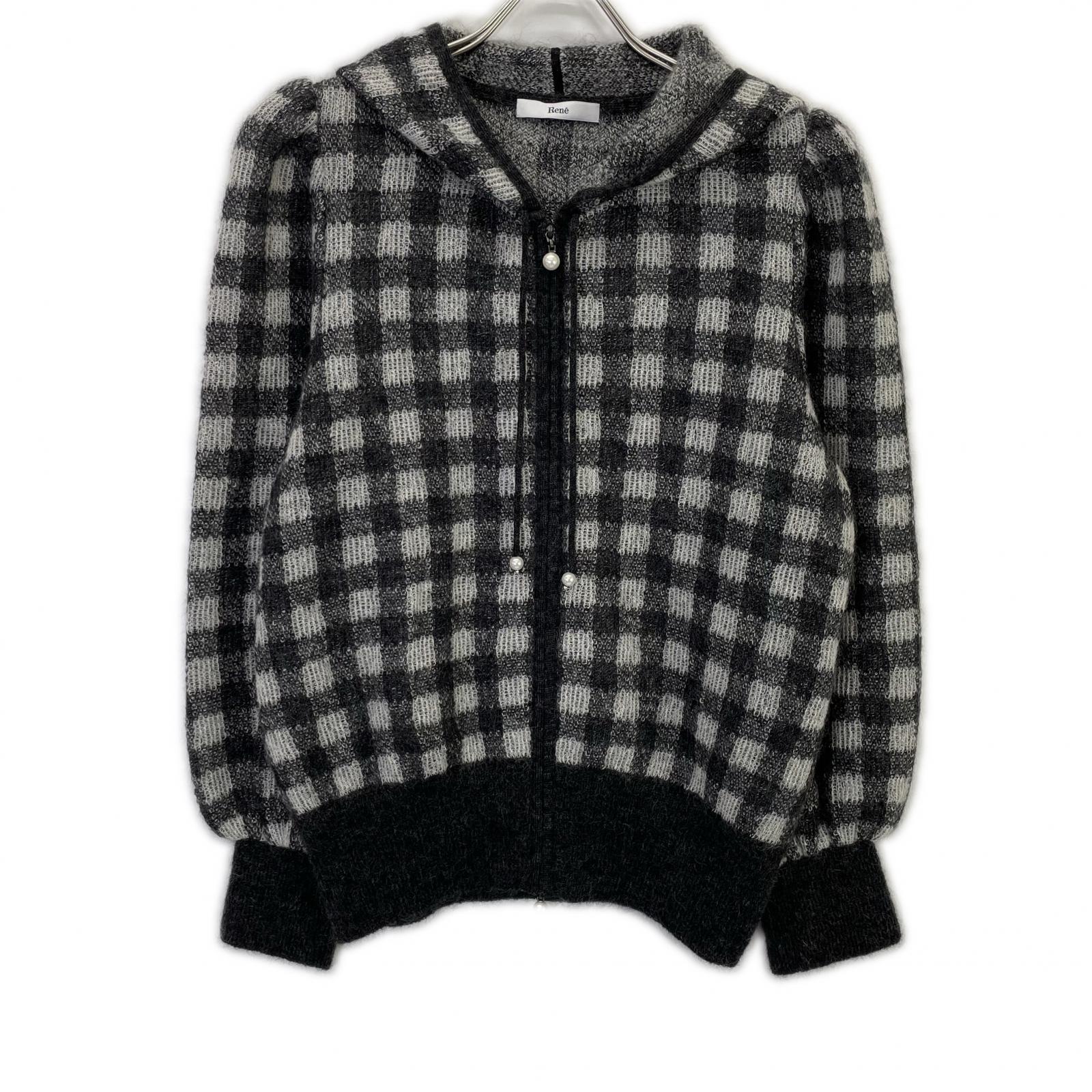 Rene 6342110 Gray Kid Mohair x Nylon x Wool Check Pearl Zip Knit Hoodie Top