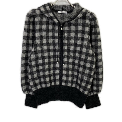 Rene 6342110 Gray Kid Mohair x Nylon x Wool Check Pearl Zip Knit Hoodie Top