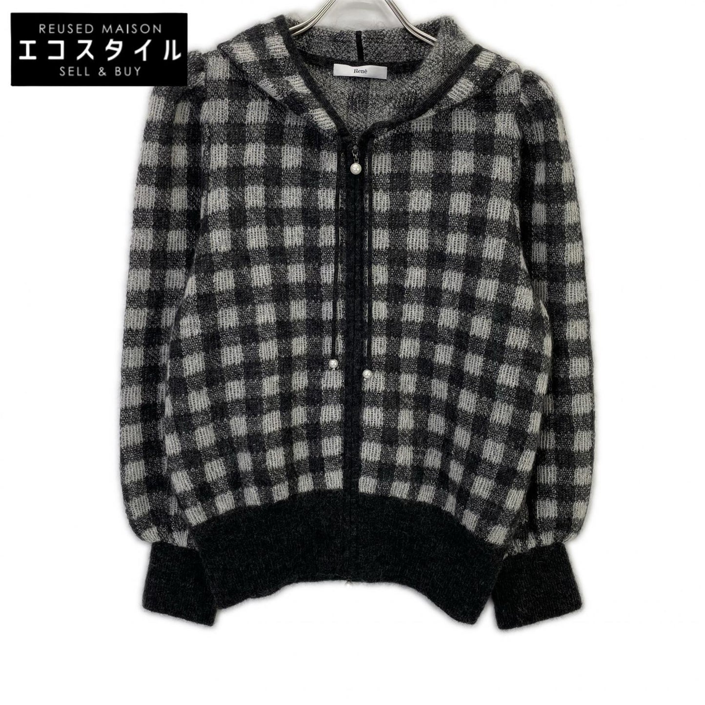 Rene 6342110 Gray Kid Mohair x Nylon x Wool Check Pearl Zip Knit Hoodie Top
