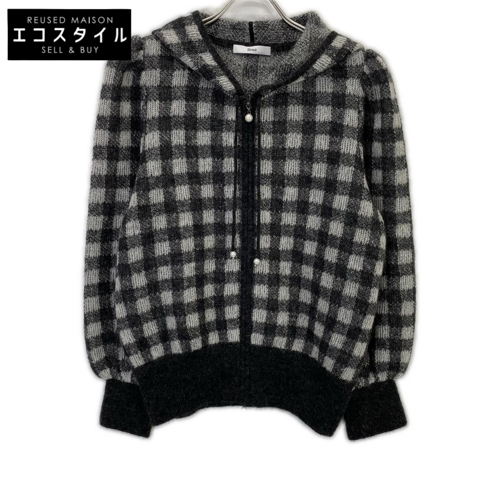 Rene 6342110 Gray Kid Mohair x Nylon x Wool Check Pearl Zip Knit Hoodie Top