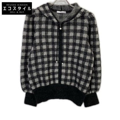 Rene 6342110 Gray Kid Mohair x Nylon x Wool Check Pearl Zip Knit Hoodie Top