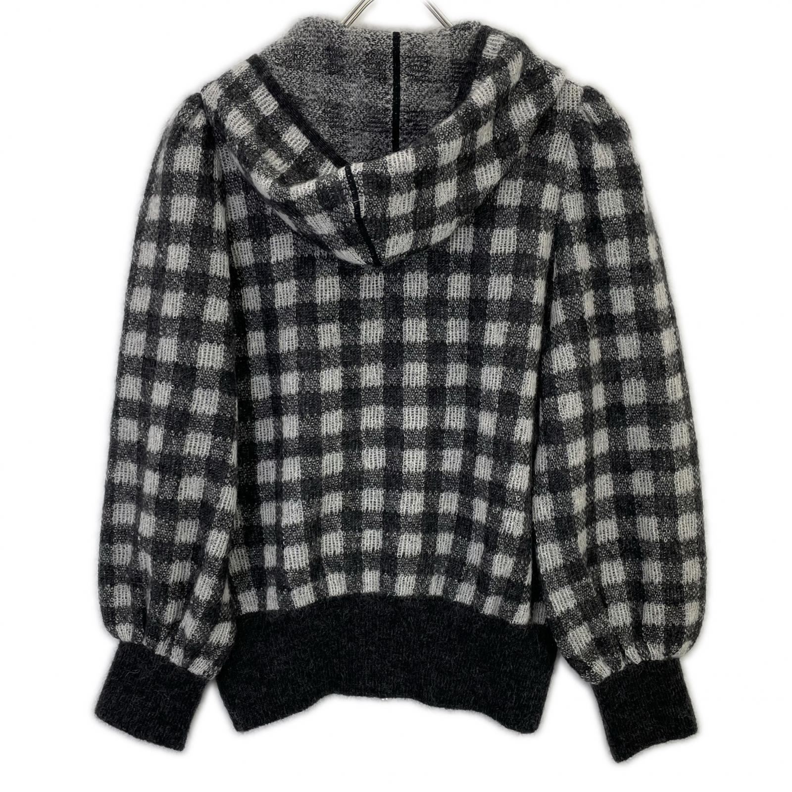 Rene 6342110 Gray Kid Mohair x Nylon x Wool Check Pearl Zip Knit Hoodie Top