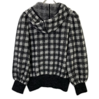 Rene 6342110 Gray Kid Mohair x Nylon x Wool Check Pearl Zip Knit Hoodie Top