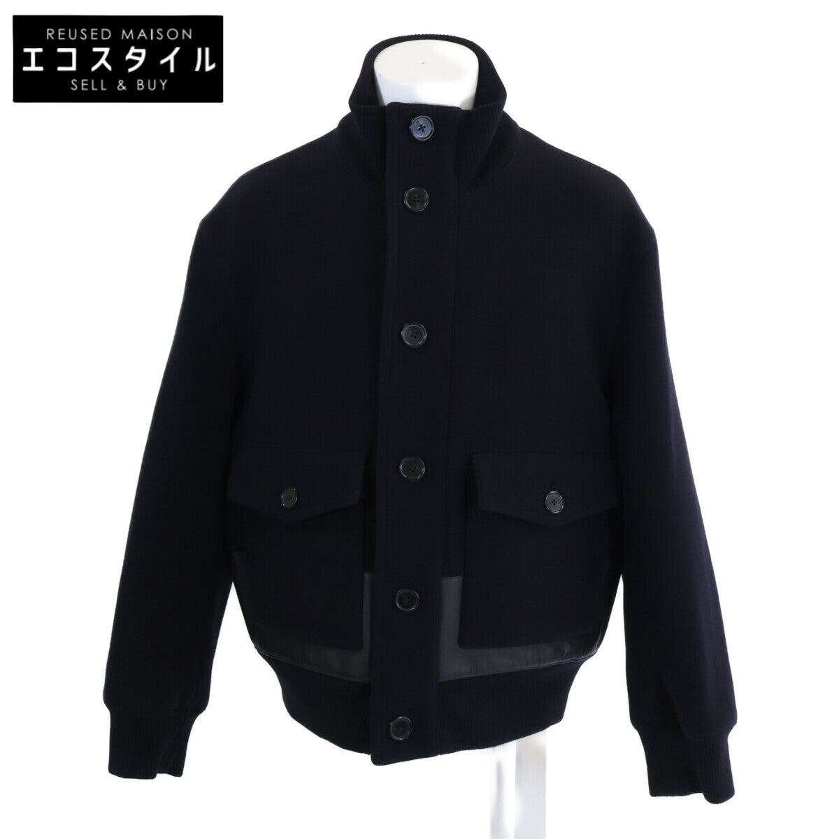 Wool Calfskin Detail Stand Collar Leather Combination Blouson/Jacket Jacket 58 Men's