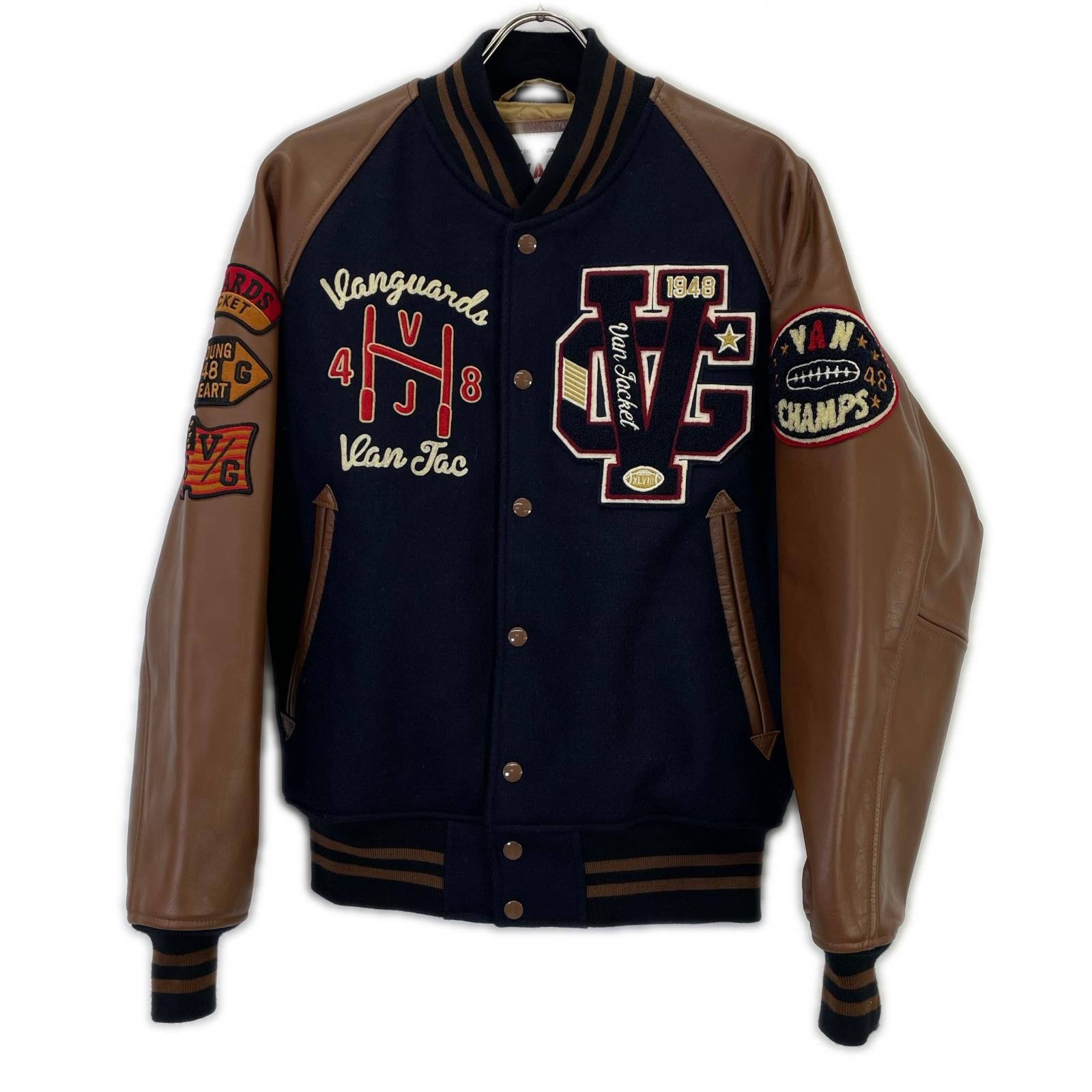VAN JACKET ヴァンジャケット JW-19502 ネイビー×ブラウン ウール×レザー 水牛革切替スタジャン ジャケット
