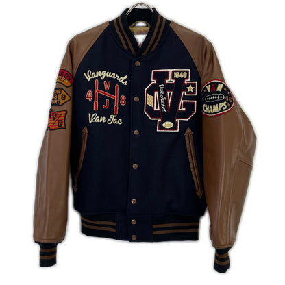 VAN JACKET ヴァンジャケット JW-19502 ネイビー×ブラウン ウール×レザー 水牛革切替スタジャン ジャケット