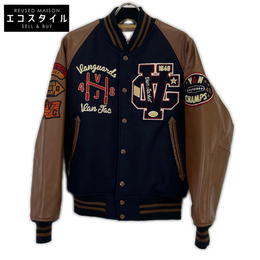 VAN JACKET ヴァンジャケット JW-19502 ネイビー×ブラウン ウール×レザー 水牛革切替スタジャン ジャケット