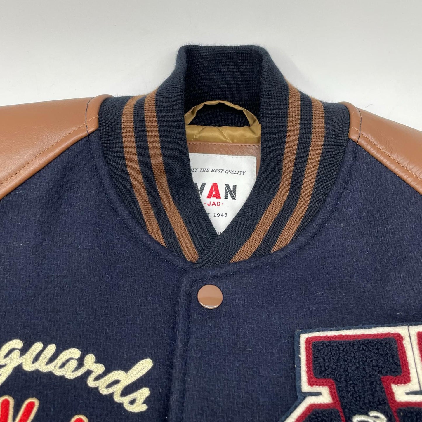 VAN JACKET ヴァンジャケット JW-19502 ネイビー×ブラウン ウール×レザー 水牛革切替スタジャン ジャケット