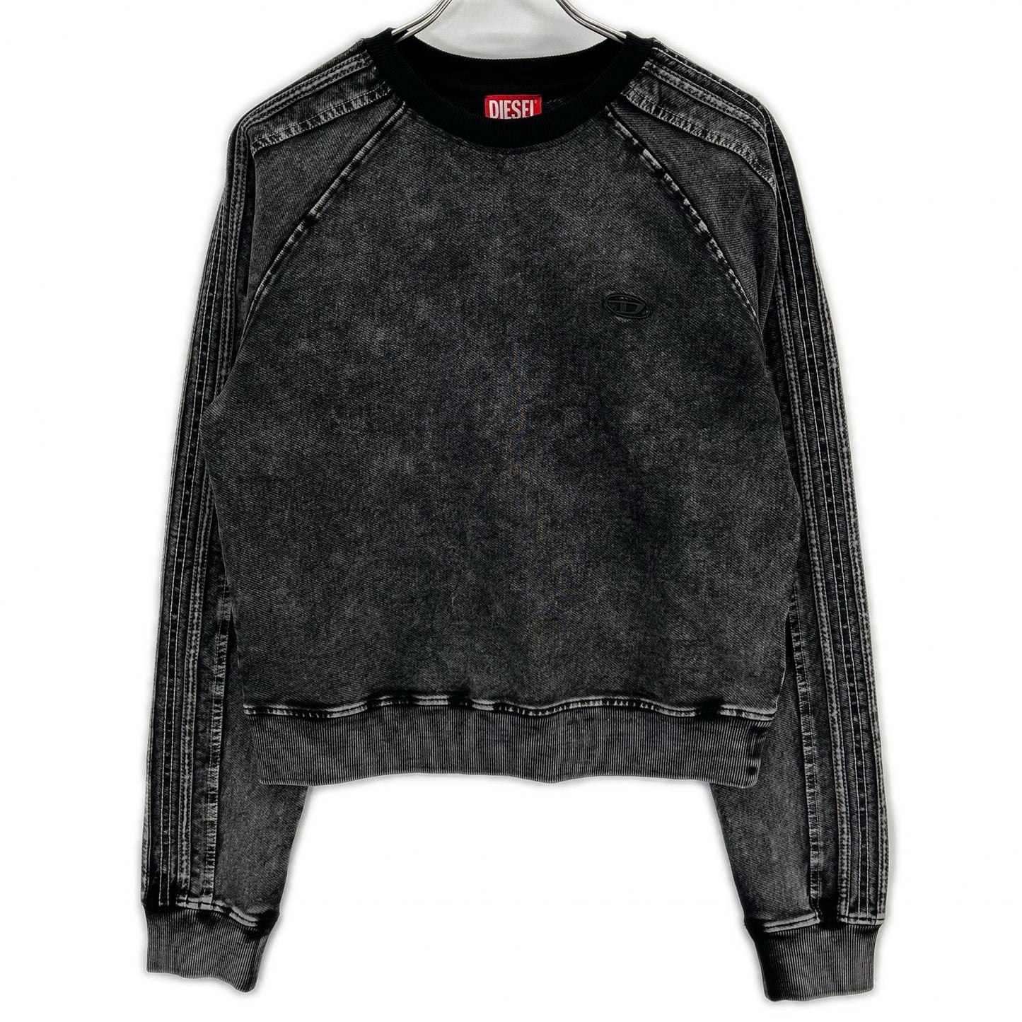 DIESEL F-ALPY Washed Black Cotton Blend Oval D Embroidered Denim Sweatshirt Top