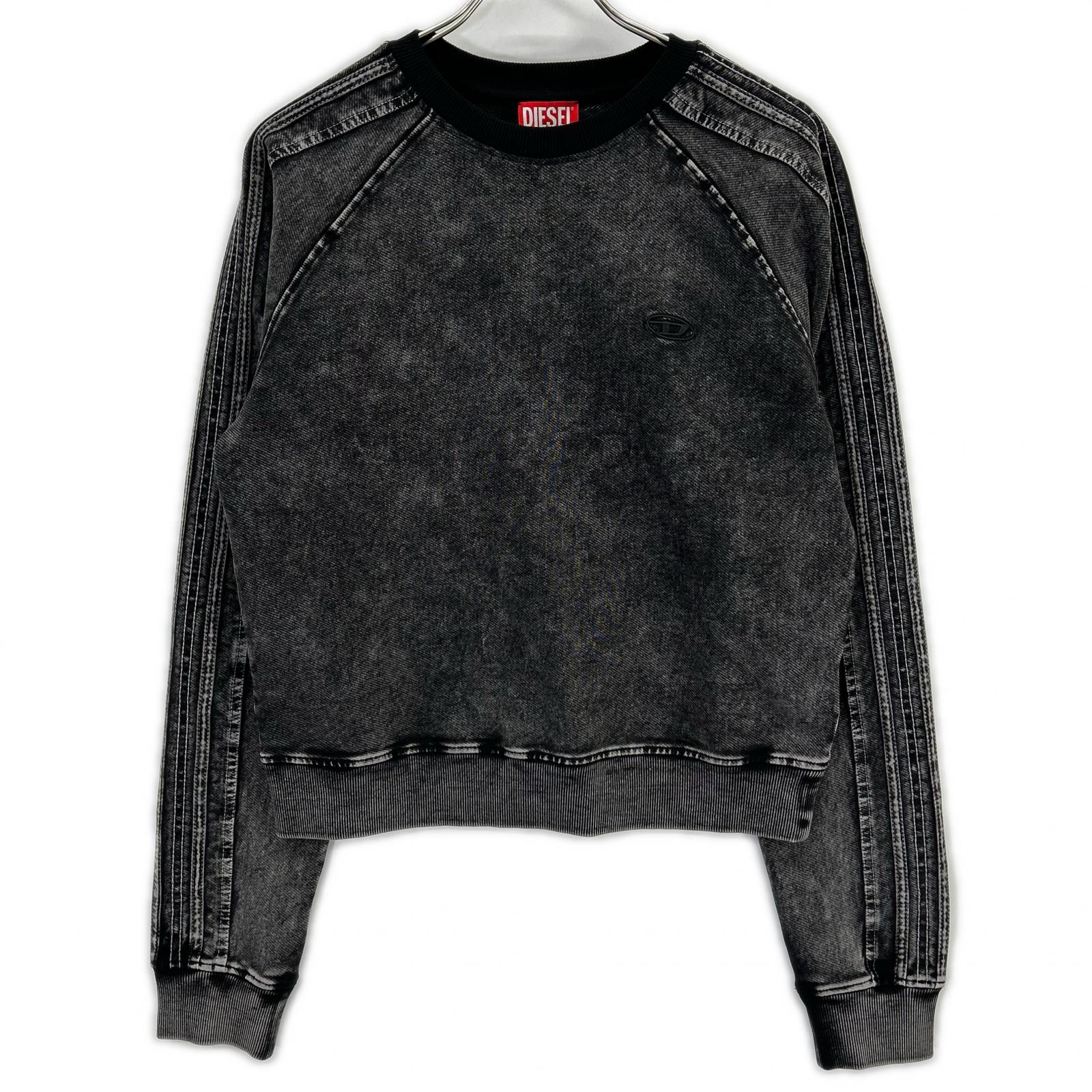 DIESEL F-ALPY Washed Black Cotton Blend Oval D Embroidered Denim Sweatshirt Top