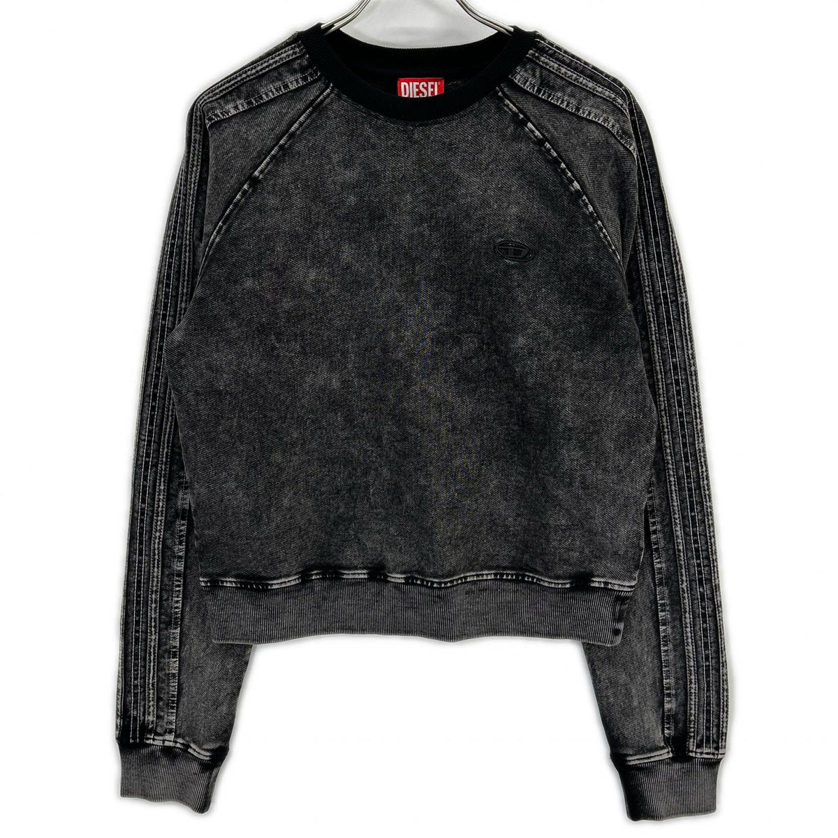DIESEL F-ALPY Washed Black Cotton Blend Oval D Embroidered Denim Sweatshirt Top