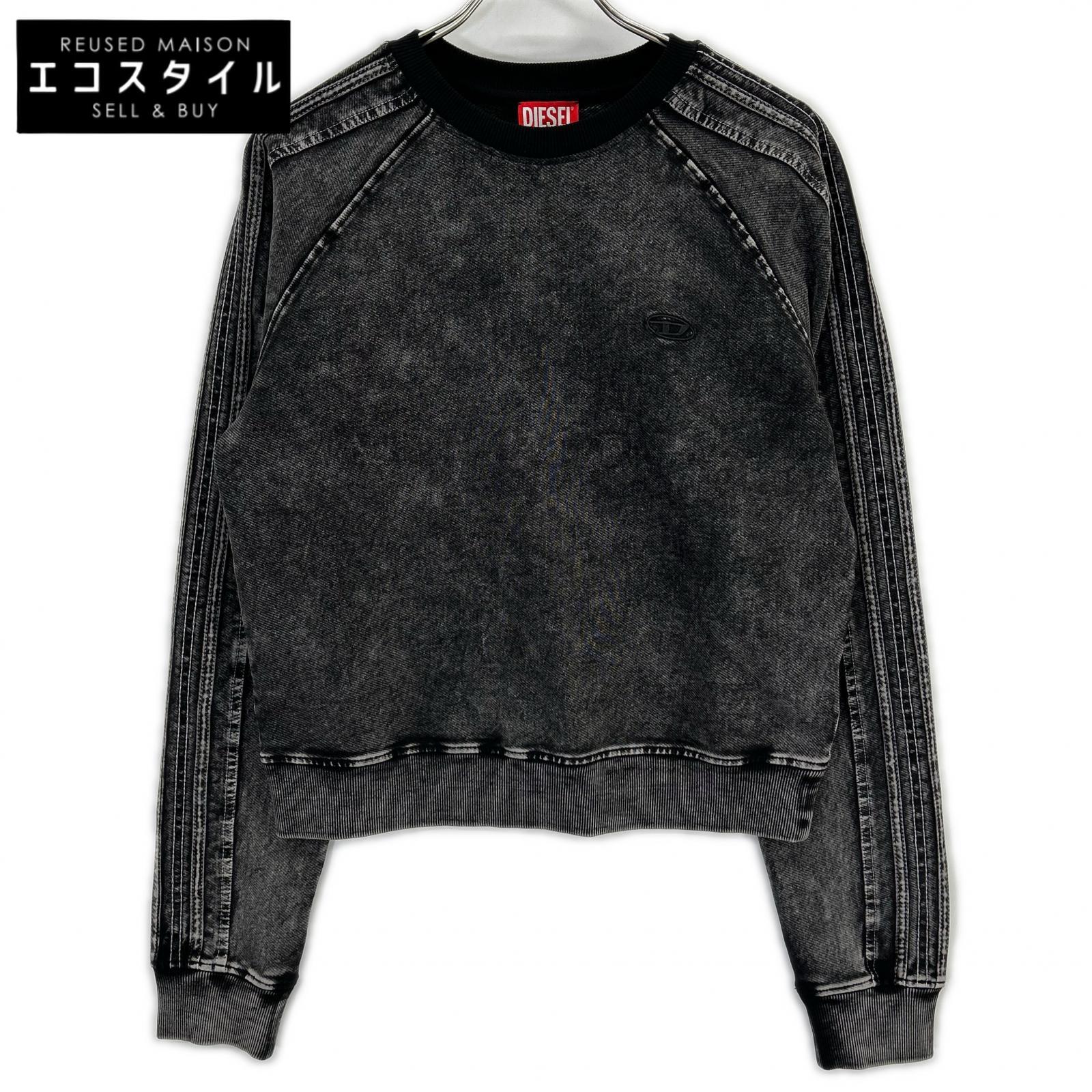 DIESEL F-ALPY Washed Black Cotton Blend Oval D Embroidered Denim Sweatshirt Top