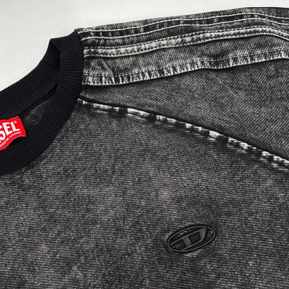 DIESEL F-ALPY Washed Black Cotton Blend Oval D Embroidered Denim Sweatshirt Top
