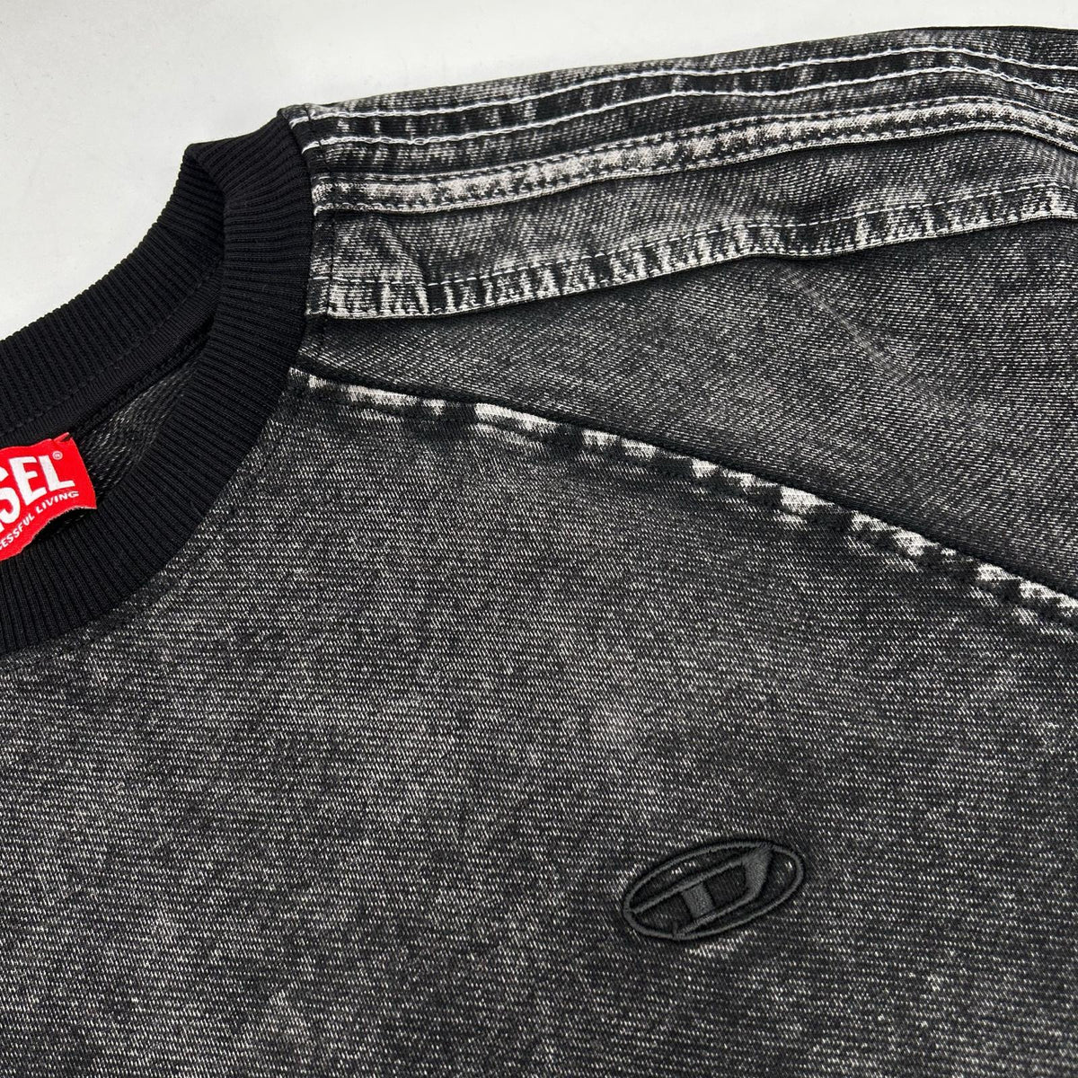DIESEL F-ALPY Washed Black Cotton Blend Oval D Embroidered Denim Sweatshirt Top