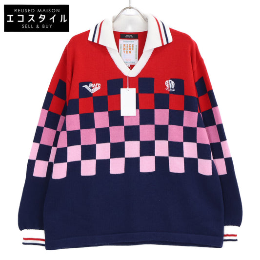 RICE NINE TEN [New] KN-CH-SOC KNITTING CHECKERED SOCCER JERSEY Collared Knit Sweater Top
