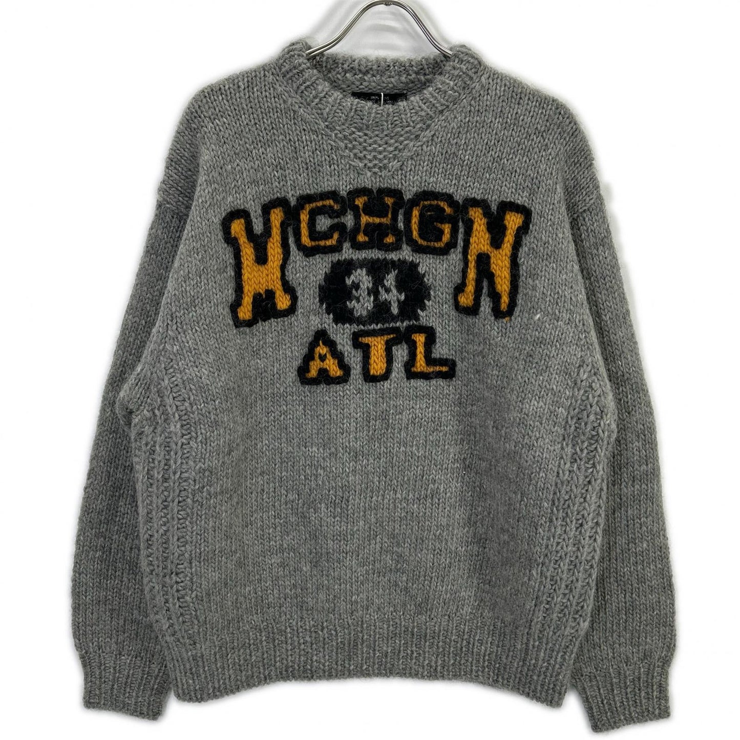 RICE NINE TEN HKN-SW Grey Three-Needle Embroidery HAND KNITTING SWEATSHIRT Top