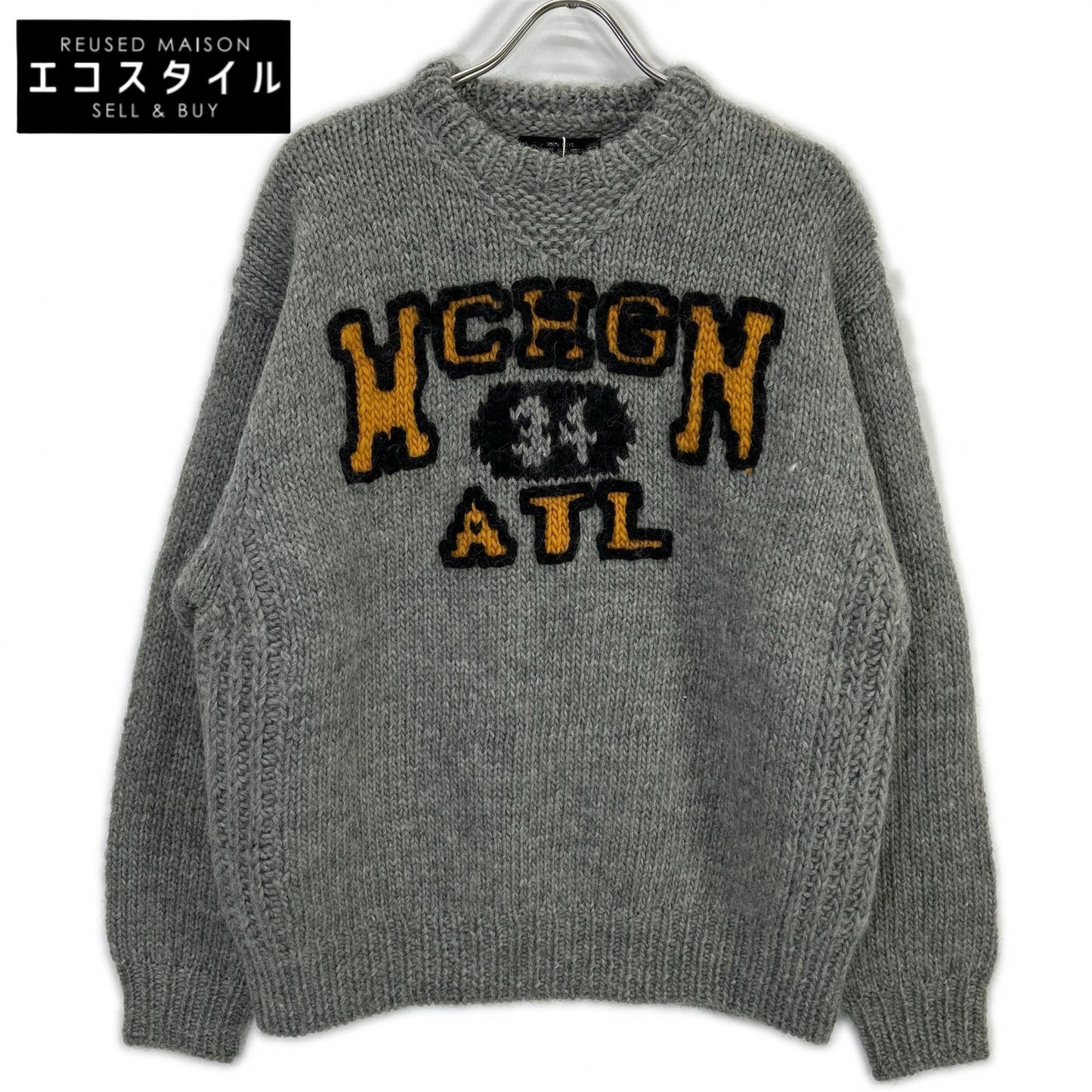 RICE NINE TEN HKN-SW Grey Three-Needle Embroidery HAND KNITTING SWEATSHIRT Top