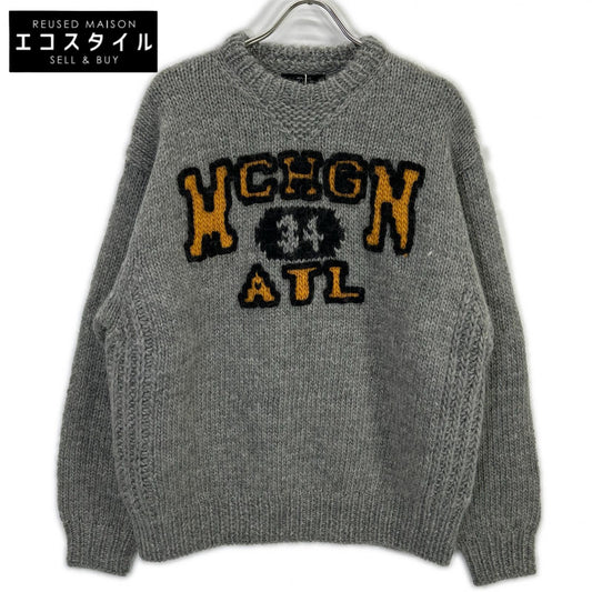 RICE NINE TEN HKN-SW Grey Three-Needle Embroidery HAND KNITTING SWEATSHIRT Top