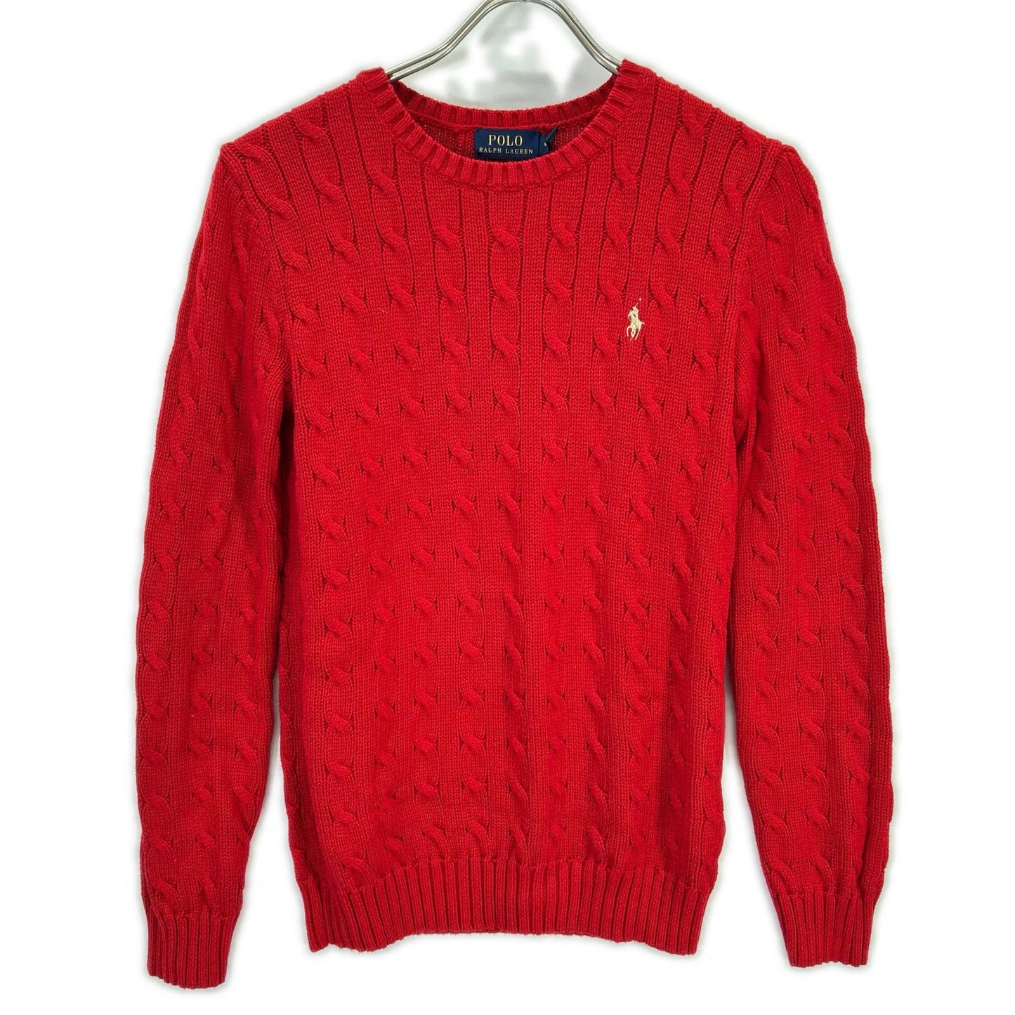 RED COTTON 100% Logo Embroidery Long Sleeve Cable Knit Top XS Ladies