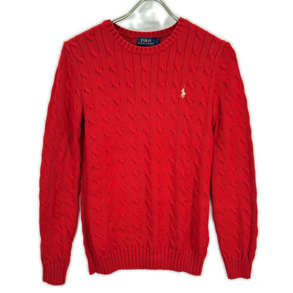 RED COTTON 100% Logo Embroidery Long Sleeve Cable Knit Top XS Ladies