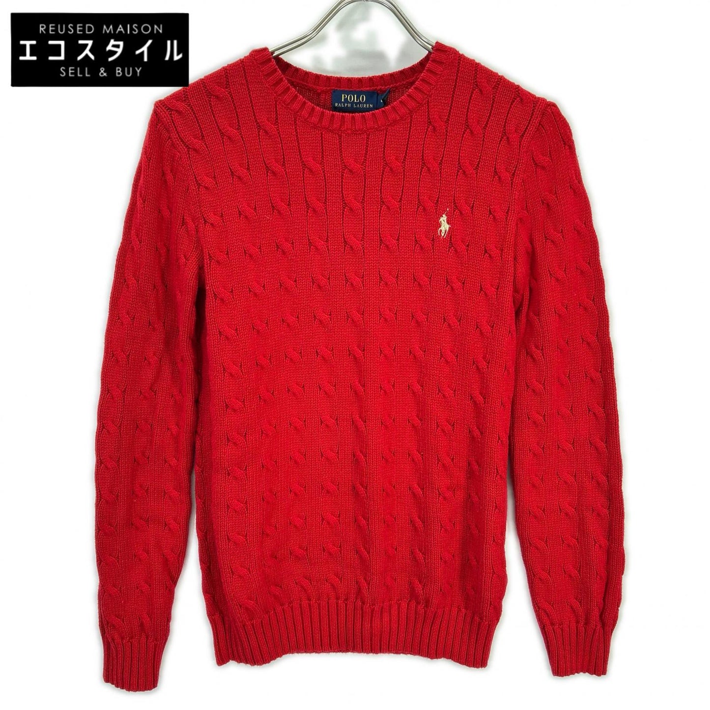 RED COTTON 100% Logo Embroidery Long Sleeve Cable Knit Top XS Ladies