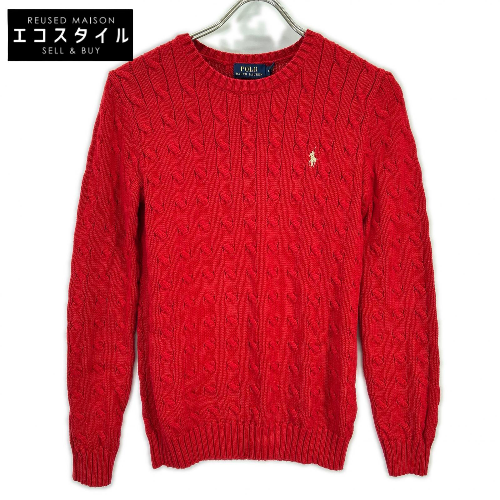 RED COTTON 100% Logo Embroidery Long Sleeve Cable Knit Top XS Ladies