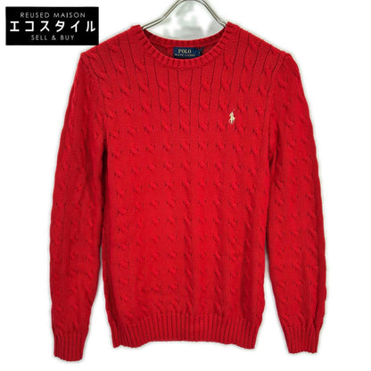RED COTTON 100% Logo Embroidery Long Sleeve Cable Knit Top XS Ladies