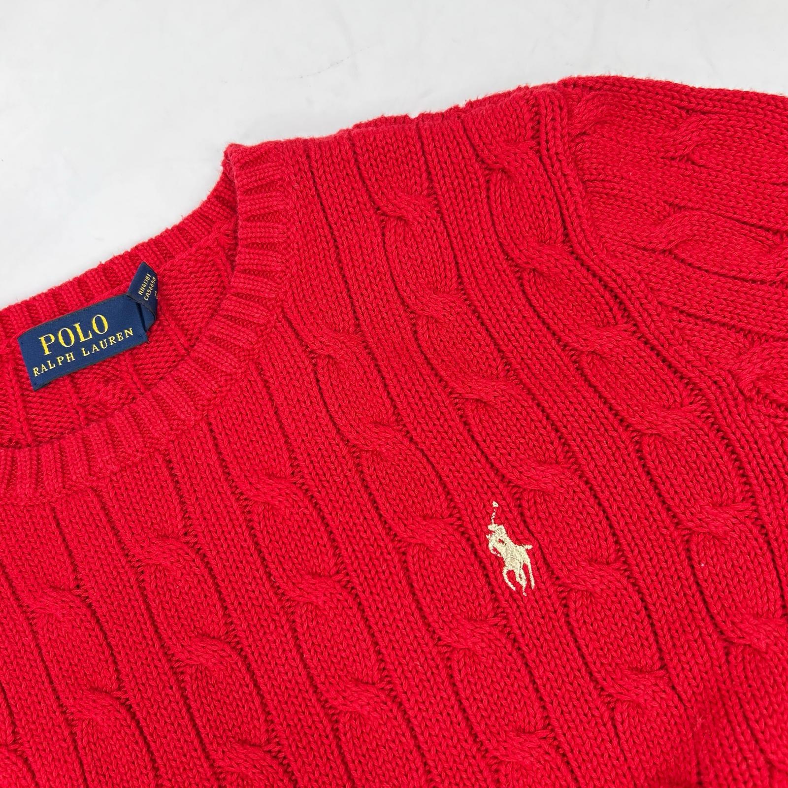 RED COTTON 100% Logo Embroidery Long Sleeve Cable Knit Top XS Ladies