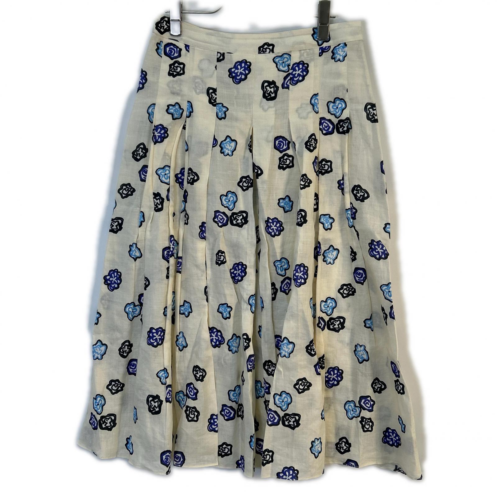 GOMA0288V0 20 Years Ivory Linen 100% Flower Print Tuck Skirt Skirt 38 Women's