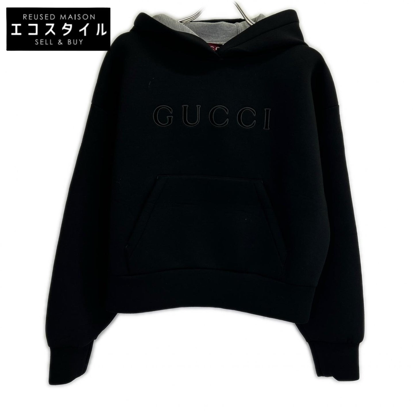 GUCCI 古驰 几乎全新 国内专柜 798544 XJHMQ 黑色 粘纤 正面徽标 运动衫连帽卫衣 上衣