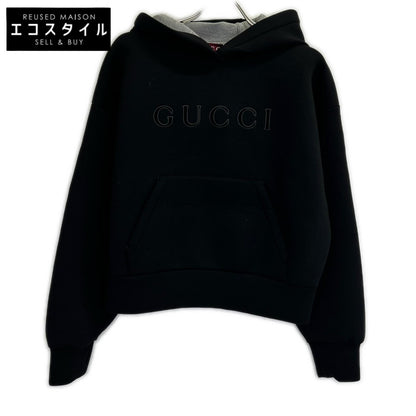 GUCCI 古驰 几乎全新 国内专柜 798544 XJHMQ 黑色 粘纤 正面徽标 运动衫连帽卫衣 上衣