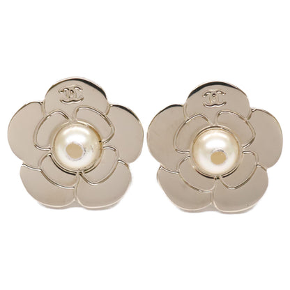 CHANEL B17B Coco Mark Camellia Motif Imitation Pearl Pierced Earrings